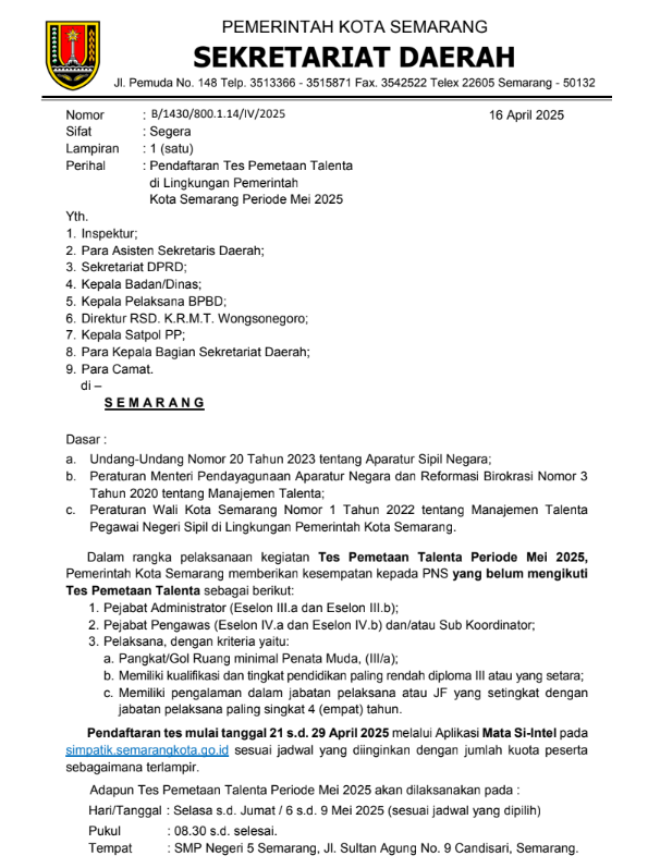 Pendaftaran Tes Pemetaan Talenta di Lingkungan Pemerintah Kota Semarang Periode Mei 2025
